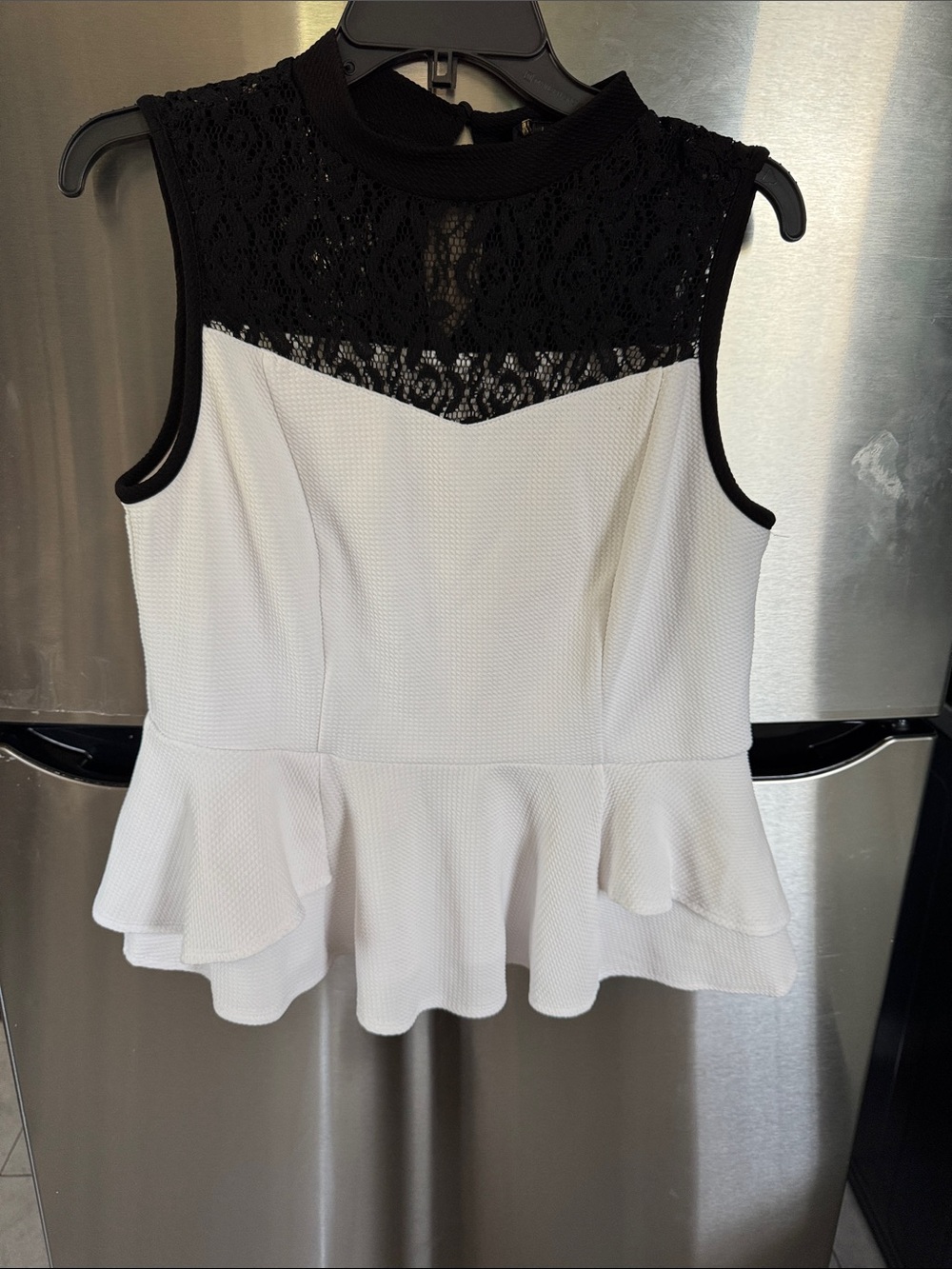 Thalia Sodi Black Lace Yoke White Peplum Tank